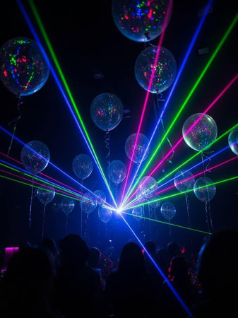 Colorful laser show in night club. Colorful laser show.
