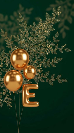 Gold balloons on a green background with leaves. Vector Illustration.