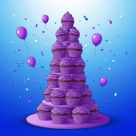 Birthday cake with purple frosting and balloons. Vector illustration.