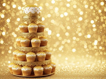 Cupcakes on golden bokeh background. Festive food concept.