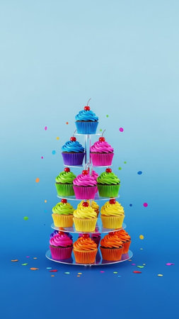 Colorful cupcakes on blue background with confetti and copyspace