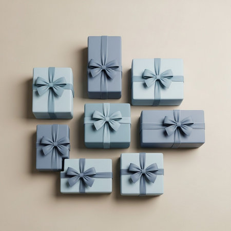 Blue gift boxes with ribbons on beige background, top view