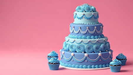 Blue wedding cake with cupcakes on pink background. 3d rendering