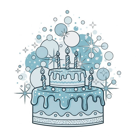 Birthday cake with candles and snowflakes. Vector illustration.