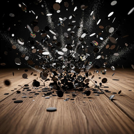 Abstract explosion of confetti on wooden floor.