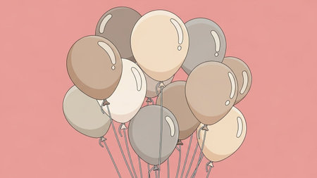 Illustration of balloons in pastel colors on a pink background.