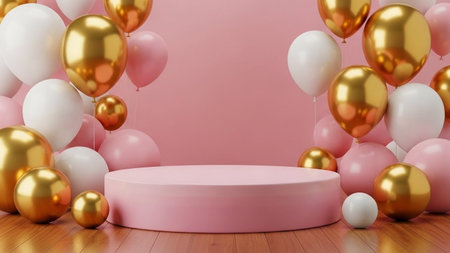 3d render of white podium with gold and silver balloons and wooden floorの写真素材