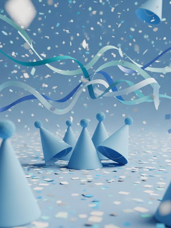 Party hats and confetti on blue background. 3D rendering.