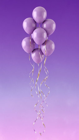 Purple balloons with ribbons on purple background. 3D rendering