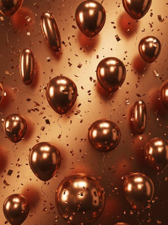 golden balloons with confetti and ribbons on a brown background
