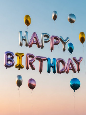 Happy birthday balloon with blue sky background, vintage filter and soft focusの写真素材