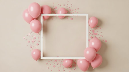 Frame with pink balloons and confetti on beige background. 3d renderの写真素材
