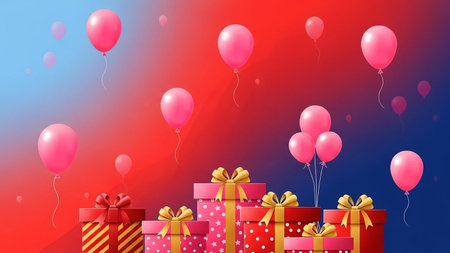 Gift boxes with balloons and ribbons on colorful background. Vector illustration.