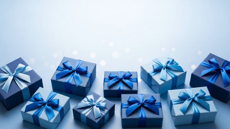 Blue gift boxes on white background with bokeh effect and copy spaceの写真素材