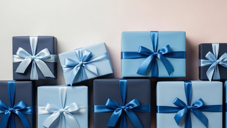 Blue and black gift boxes with ribbons on a white background.の写真素材