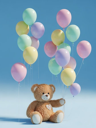 Teddy bear with colorful balloons on blue background.