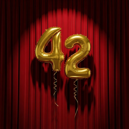 Golden number forty two on red velvet curtain background. 3D Render
