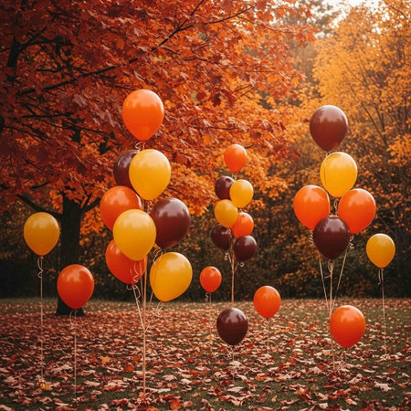 Colorful balloons on the background of autumn forest and yellow leaves.の写真素材
