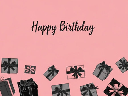 Happy birthday card with black gift boxes on pastel pink background.の写真素材