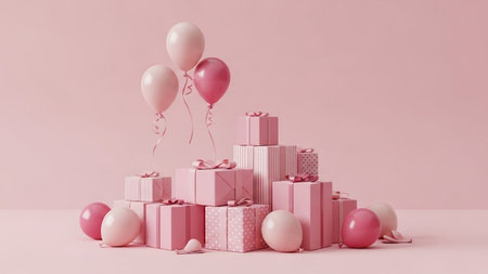 Pink gift boxes and balloons on pastel pink background. 3D Renderの写真素材