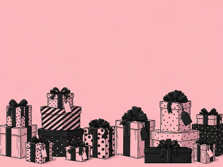 Set of black and white gift boxes with ribbons on pink backgroundの写真素材