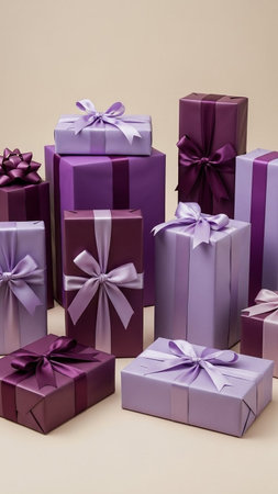 Gift boxes with purple ribbons isolated on beige background.