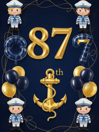 Number 87 on the navy blue background with sailor theme. Vector illustration