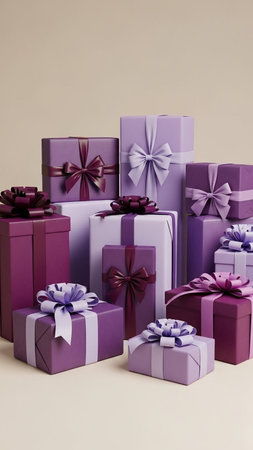 Group of purple gift boxes with ribbons on beige background.