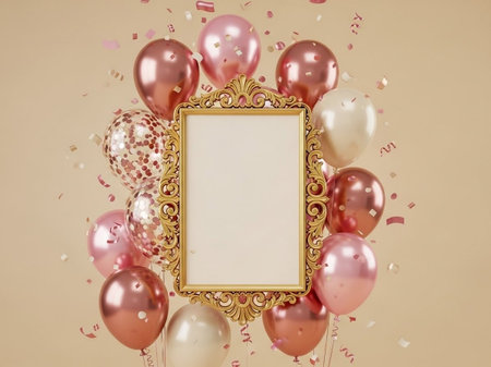 Golden frame with pink and white balloons and confetti. 3d renderingの写真素材