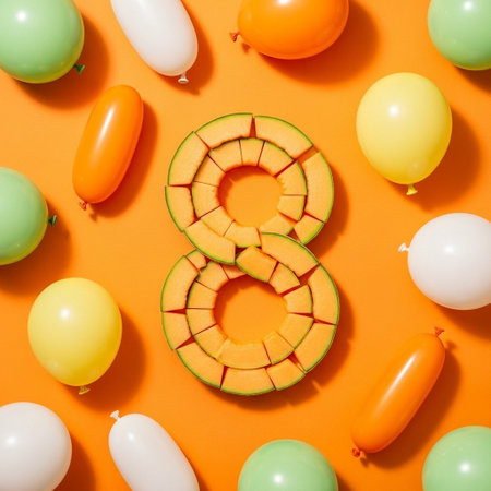 Number 8 made of sliced melon and balloons on orange background, flat layの写真素材
