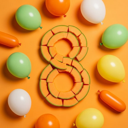 Number 8 made of fresh sliced melon and colorful balloons on orange backgroundの写真素材