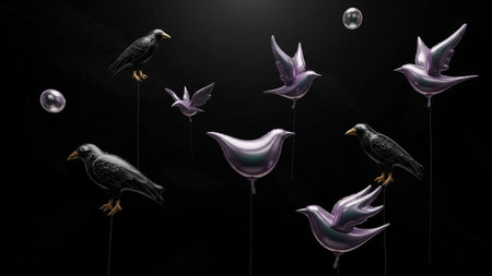 Flying birds on a black background. 3D rendering.