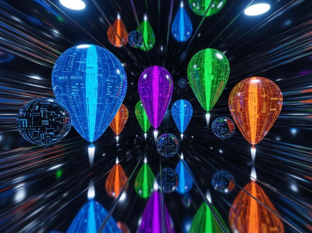 3d rendering of a group of colorful balloons flying in the darkの写真素材