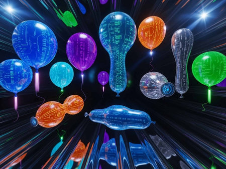 Colorful balloons with numbers flying in the dark. 3D rendering