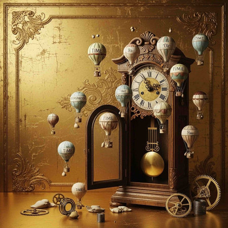 Vintage wall clock with toys and gifts. 3D rendering.