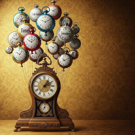 Vintage clock and bunch of old-fashioned clocks on vintage background