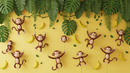 Creative layout made of tropical leaves and funny monkeys on yellow backgroundの写真素材