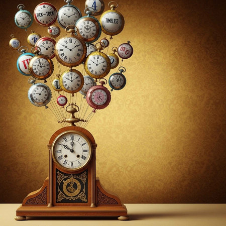 Vintage clock with colorful balloons hanging on it.
