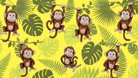 Seamless pattern with cute monkeys and tropical leaves on yellow background