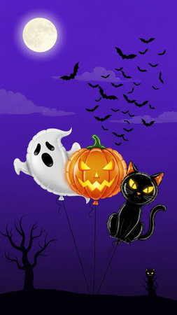 Halloween background with pumpkin, black cat and ghost. Vector illustration.の写真素材