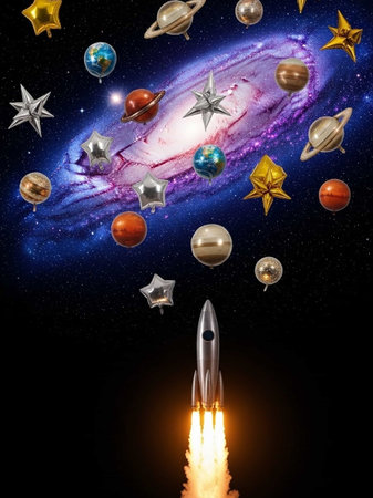Rocket with planets and stars flying in space.
