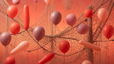 Red and pink balloons with net on orange background. 3d rendering