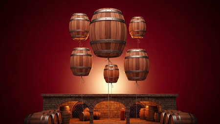 Wine barrels in the cellar 3D rendering on a red background
