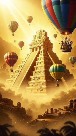 Hot air balloons and pyramids in the jungle. 3d rendering