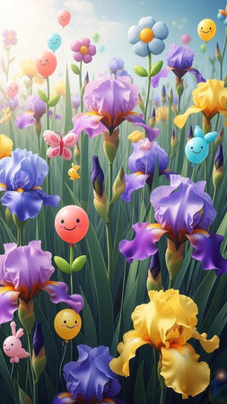 Beautiful blooming iris flowers with colorful smiley faces.