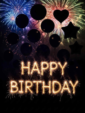 Happy birthday card with fireworks and heart shaped balloons on a black background