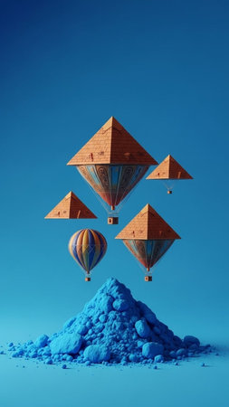 Hot air balloons flying over a pile of sand. 3d illustrationの写真素材
