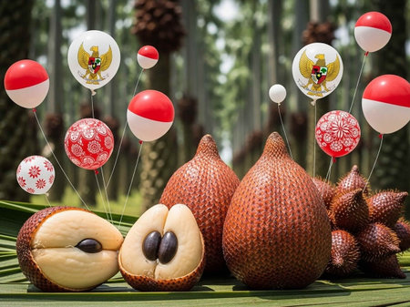 Hairballoons in the form of zalacca on a palm leafの写真素材