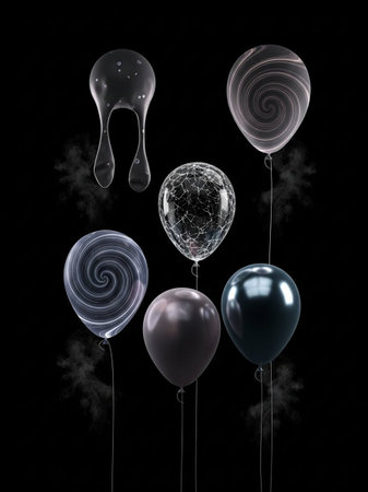 3d rendering of balloons with water drops on a black background.
