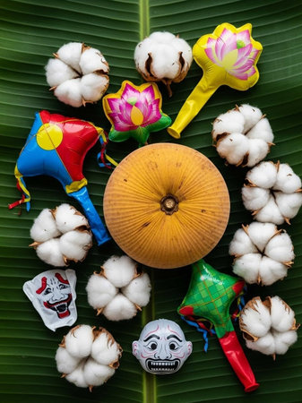 Cotton flower and clay mask on green banana leaf background, traditional festival of Thailand.